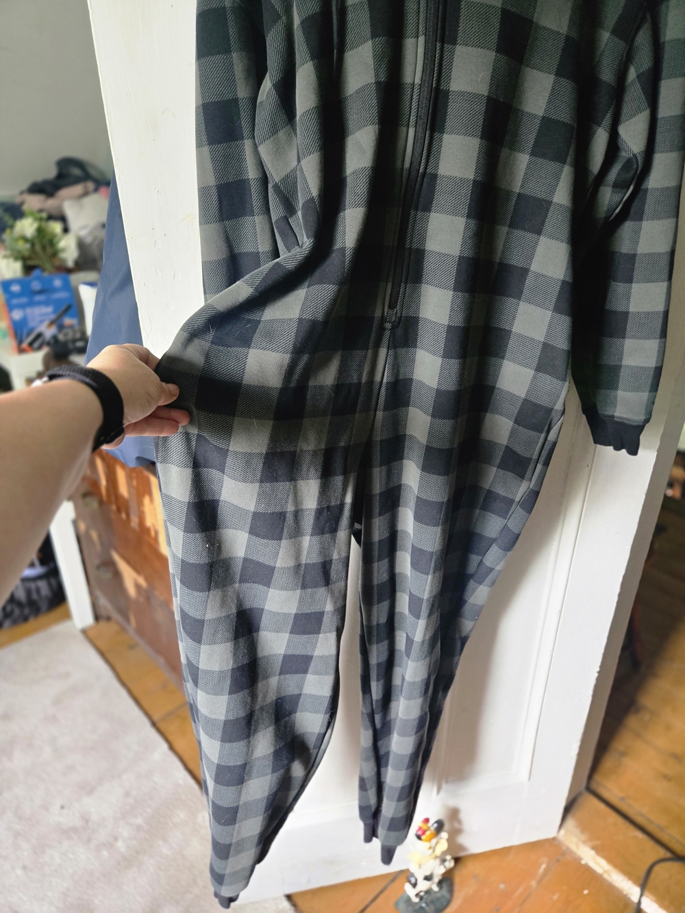 Fabletics Green and Gray Buffalo Plaid Zip-Up Fleece Onesie